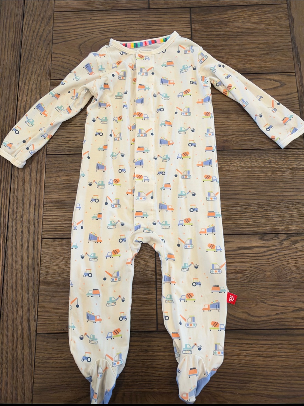 Magnetic Me Cream Construction-Print Footie with Orange, Blue, and Green Accents